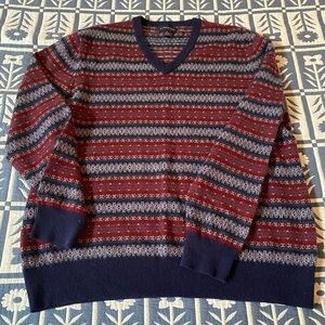 Lands' End Men's V-Neck Cashmere Sweater - Navy and Red Fair Isle, Size L